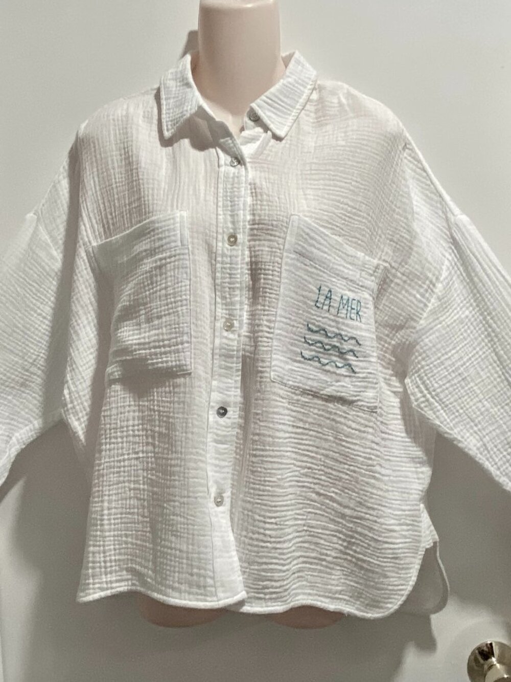 New Magaschoni White Cotton Gauze Crop Boxy Cruise Coastal Oversized 90s Shirt S
